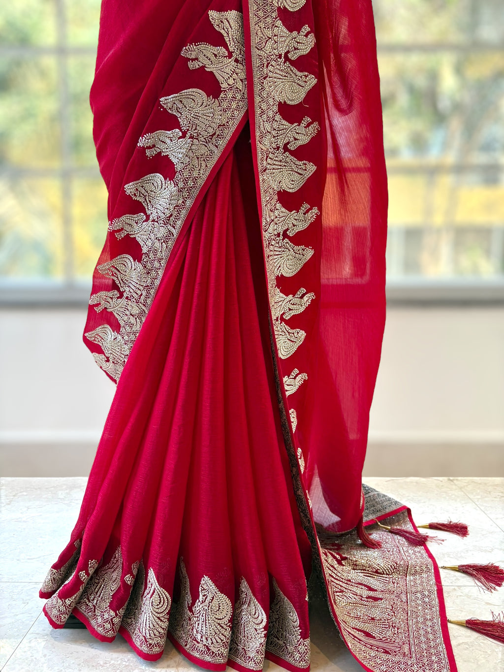 Red embellished fendy satin saree - Figure border