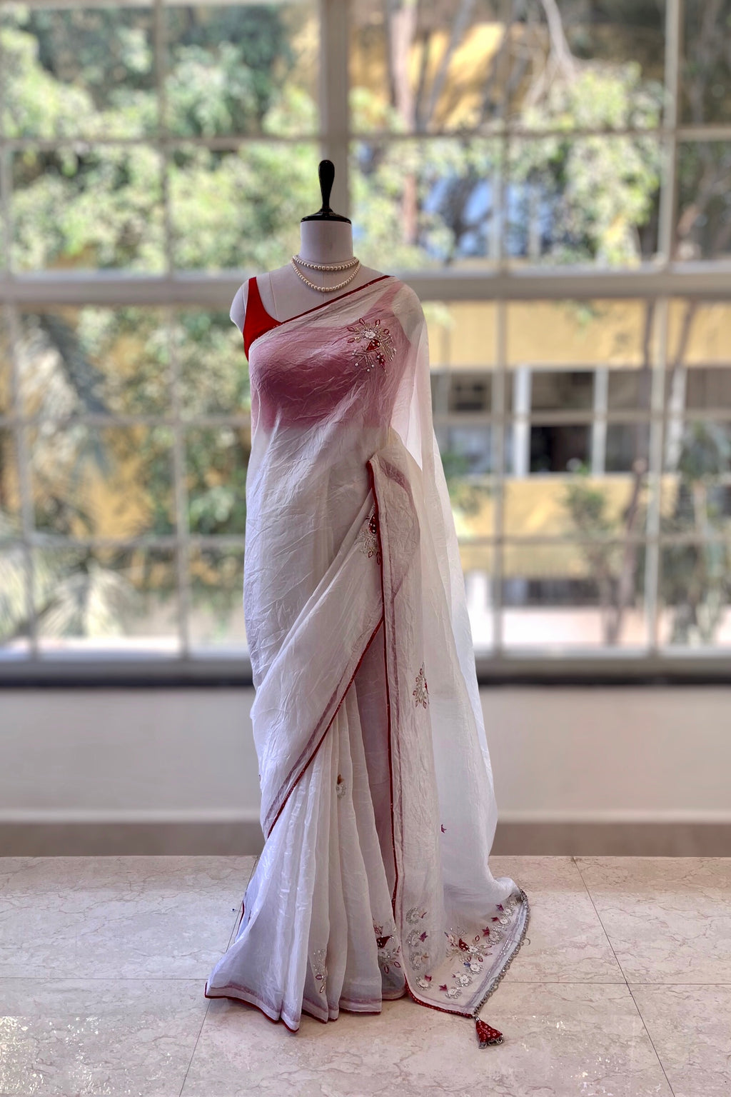 White crushed organza embellished saree