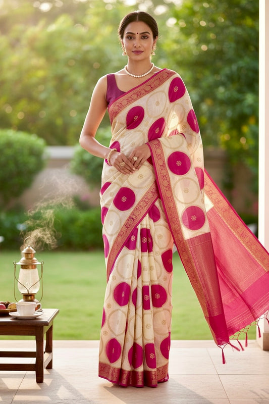 Off White Pure Dola Silk Saree