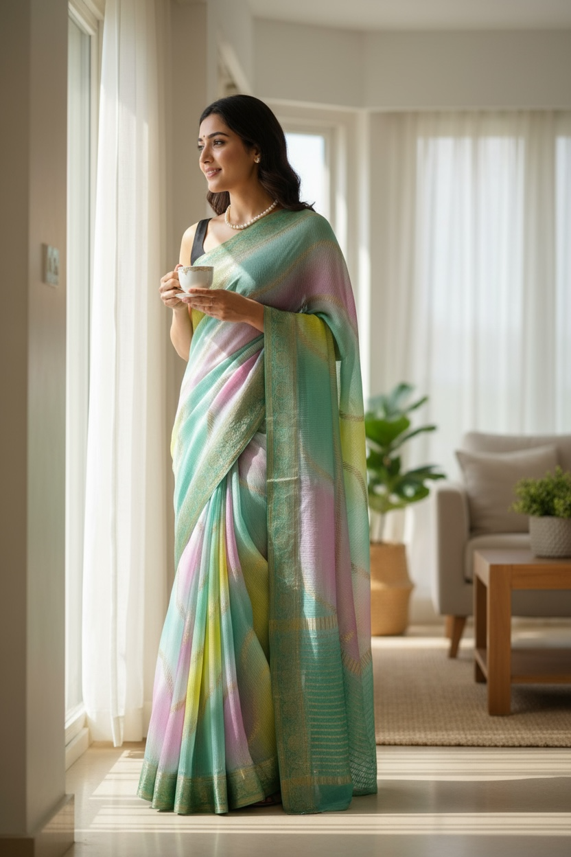 Multicolour Chiffon Threadwork Saree - Blue