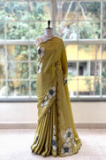 Floral print scallop saree - Lime yellow
