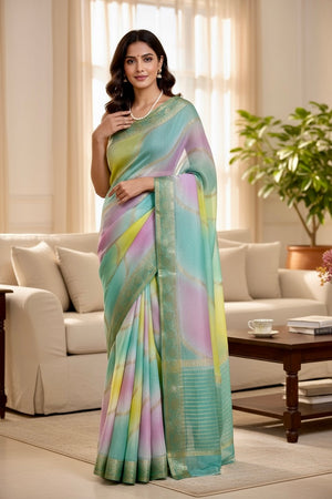 Multicolour Chiffon Threadwork Saree - Blue