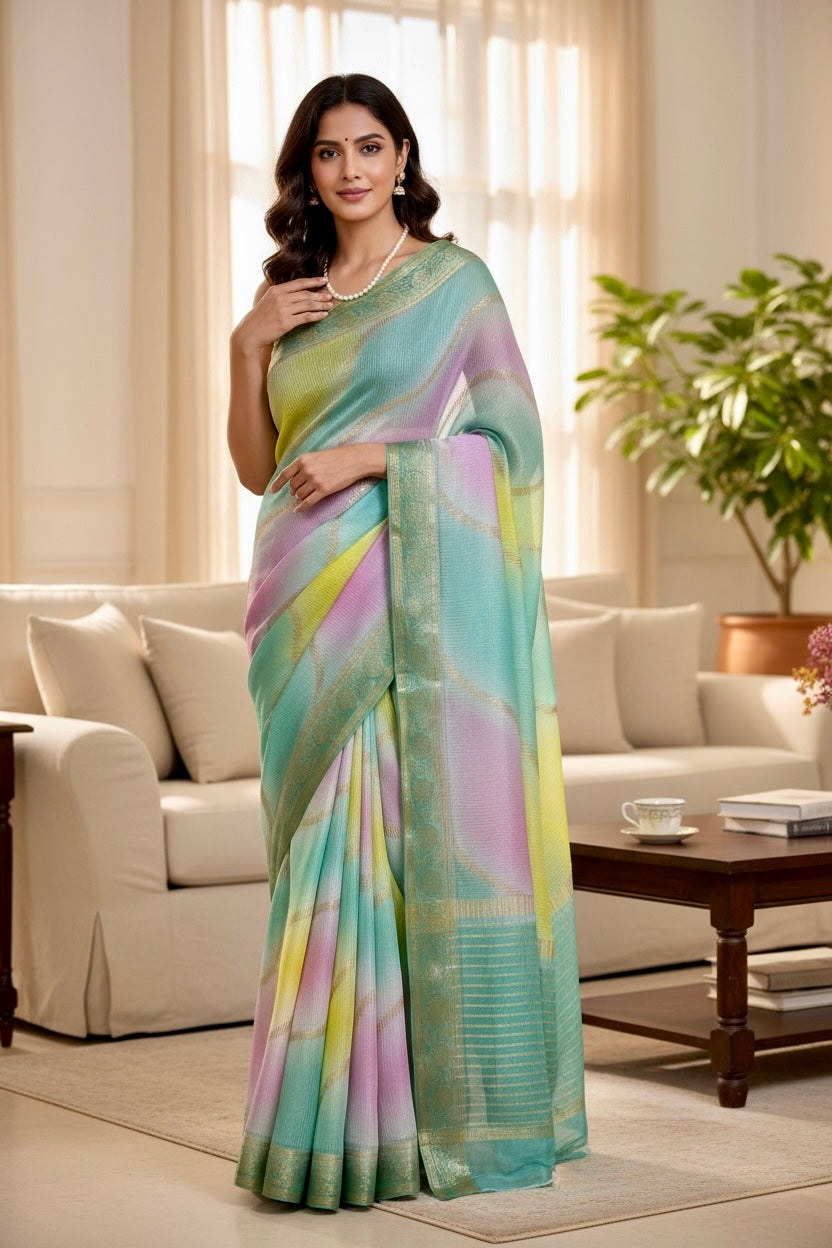 Multicolour Chiffon Threadwork Saree - Blue