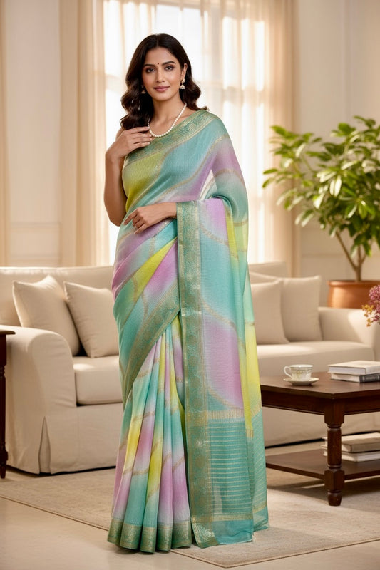 Multicolour Chiffon Threadwork Saree - Blue