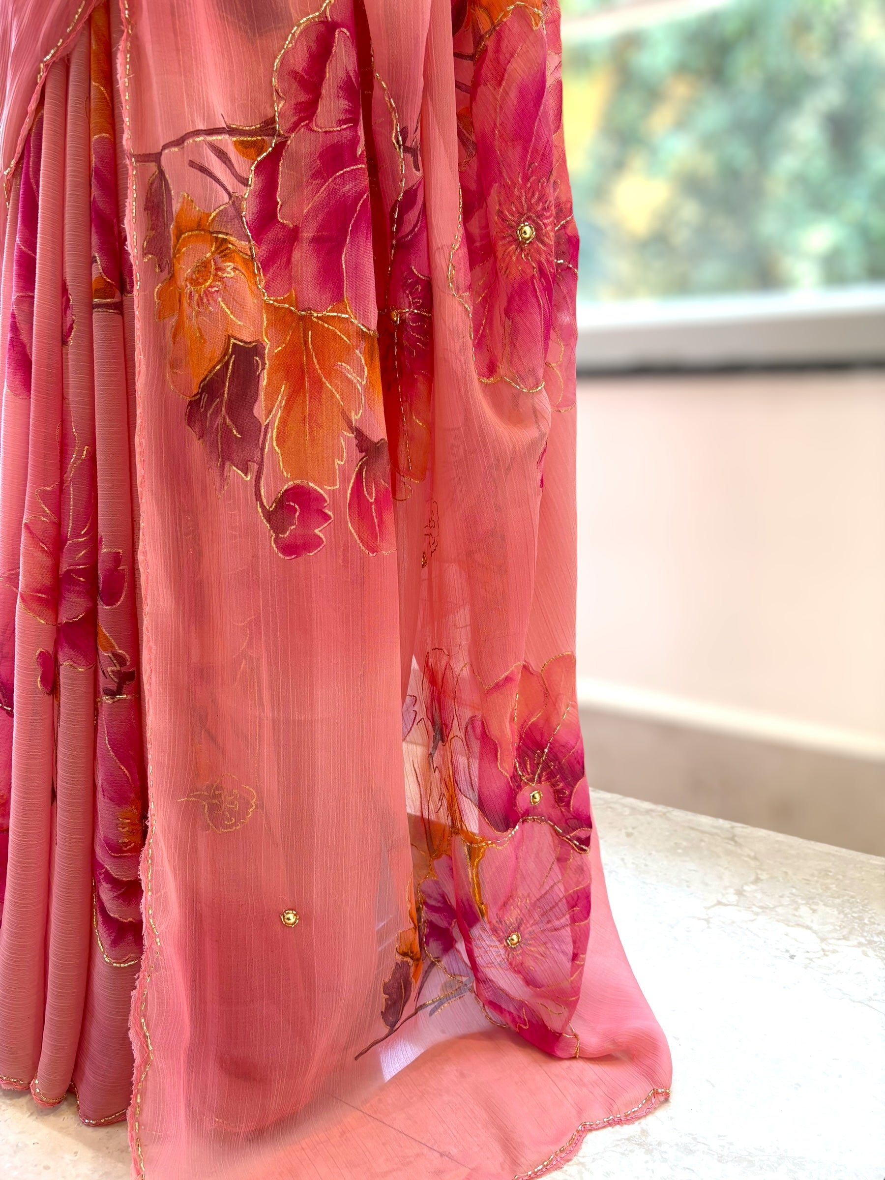 Floral chiffon embellished saree - Pink