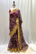 Floral cotton zari saree - Purple