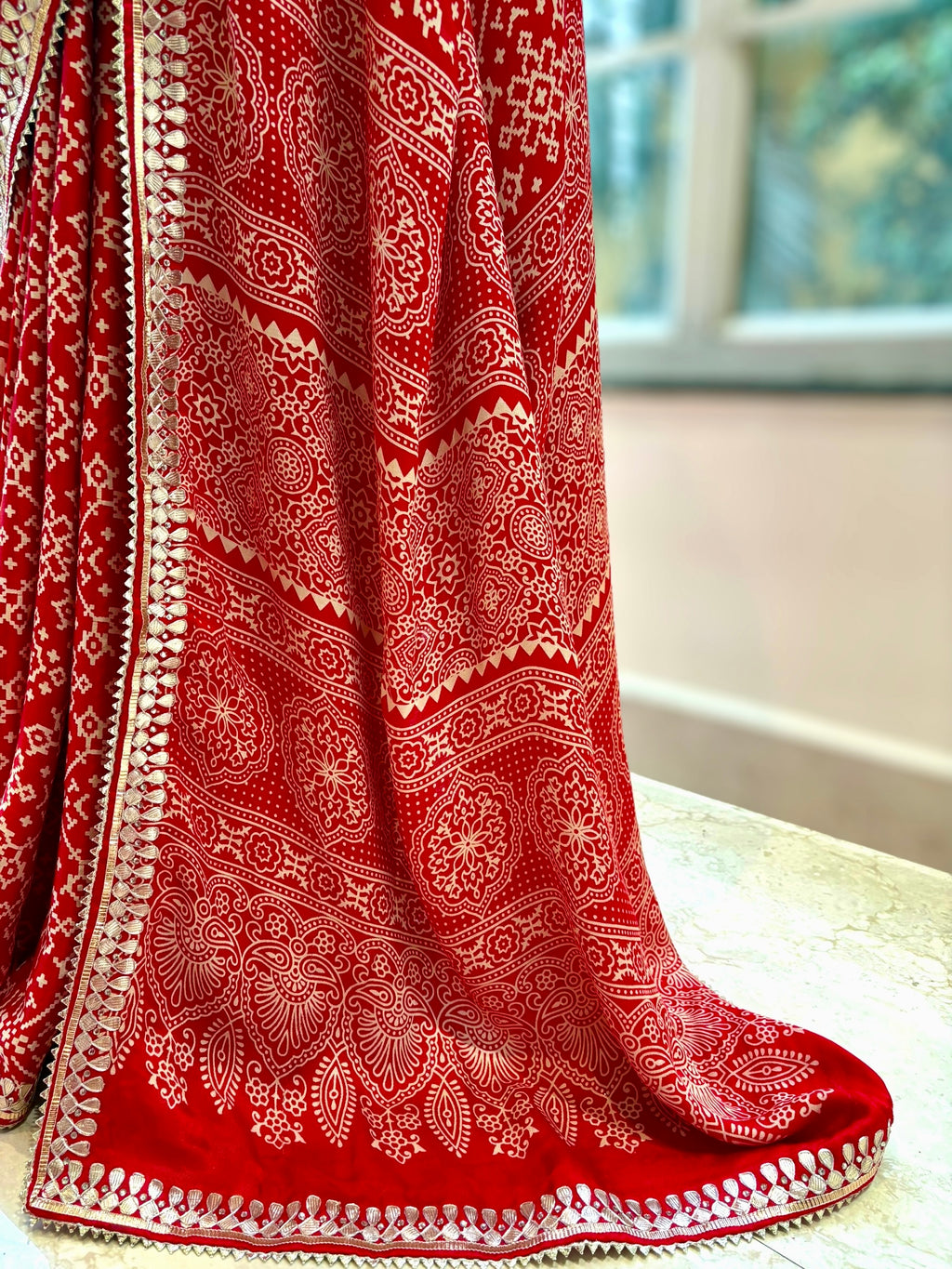 Ajrakh modal satin work saree - Red