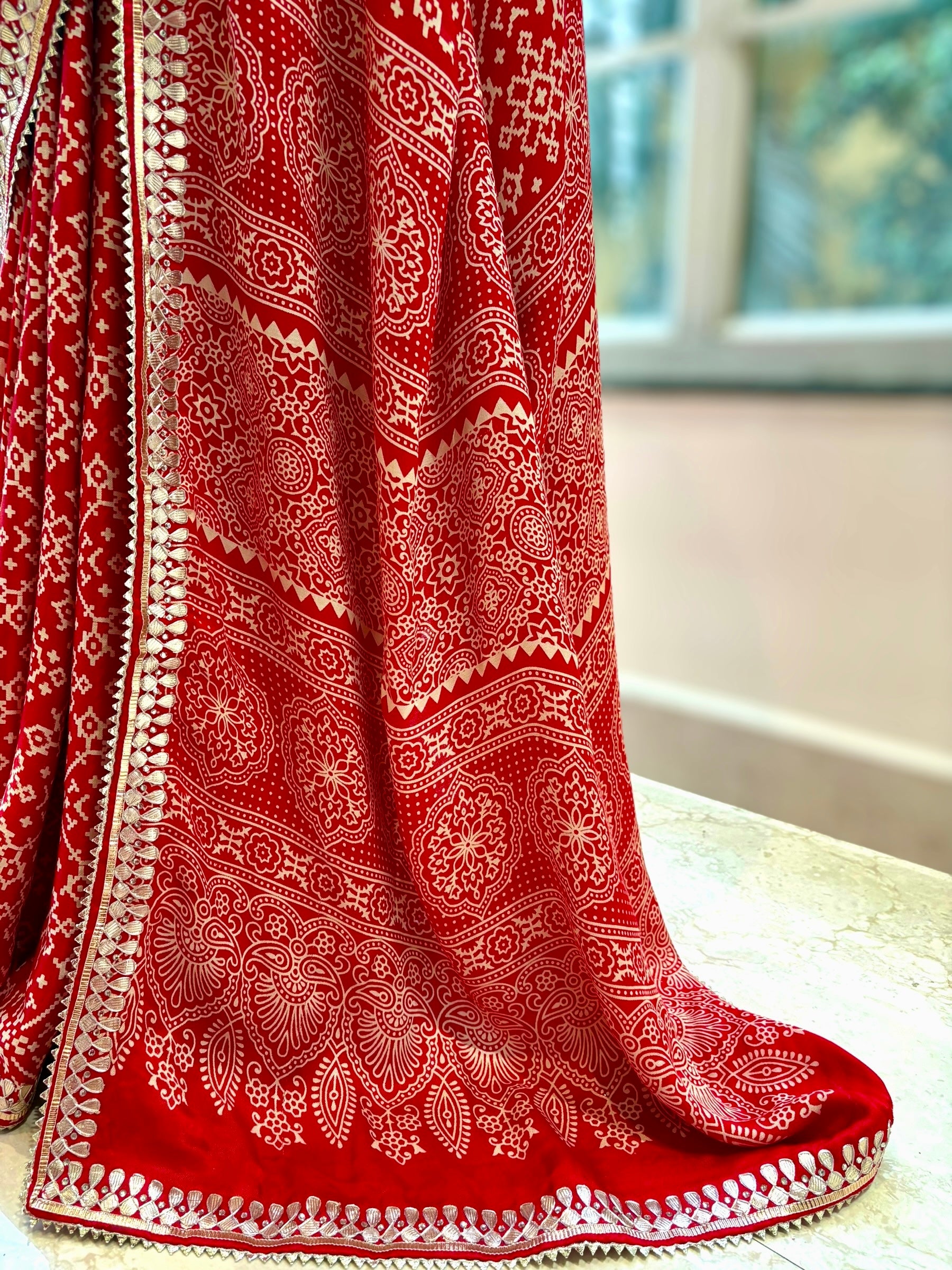 Ajrakh modal satin work saree - Red