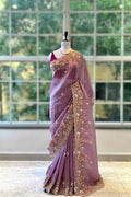 Pearl embroidered organza saree - Lilac