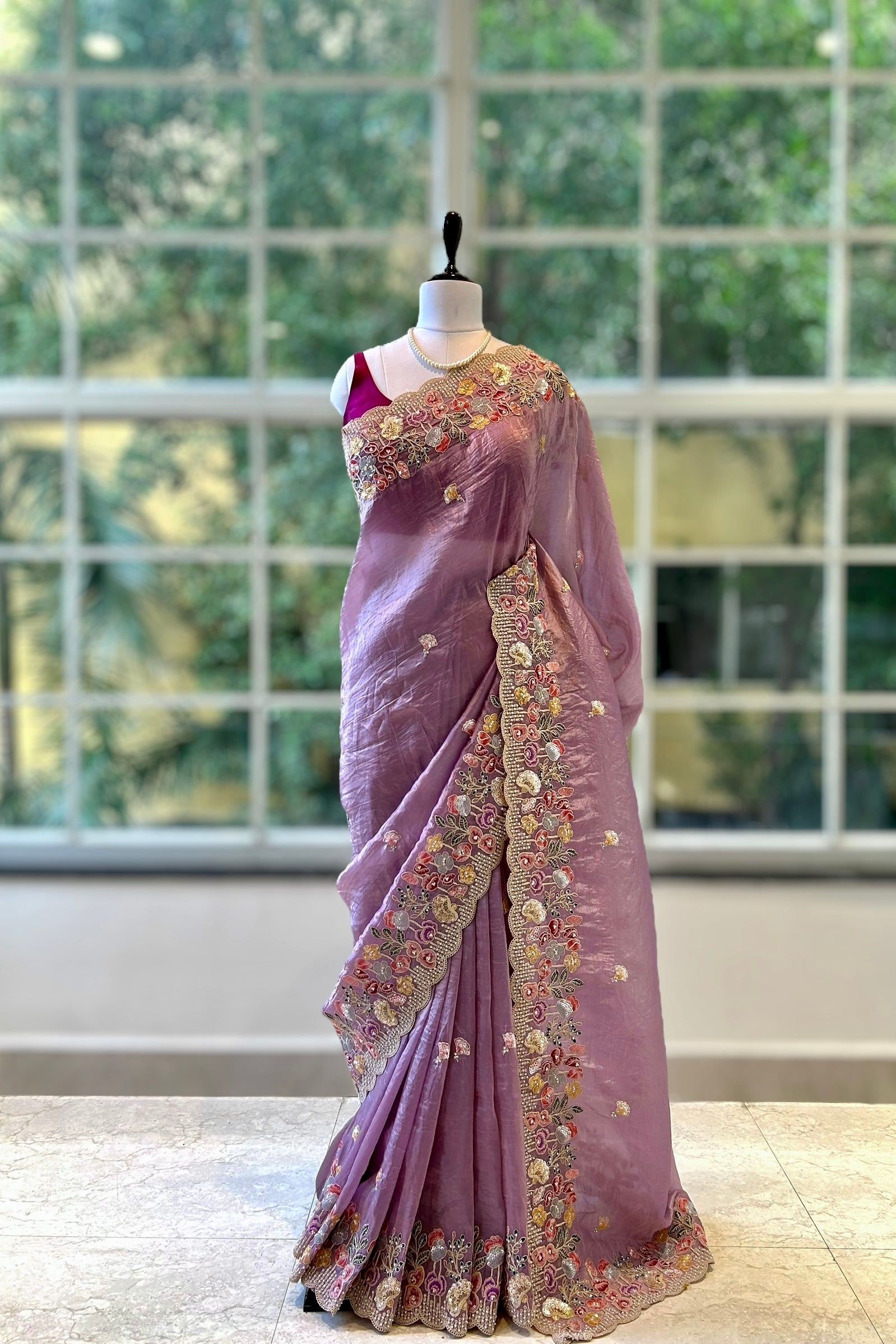 Pearl embroidered organza saree - Lilac