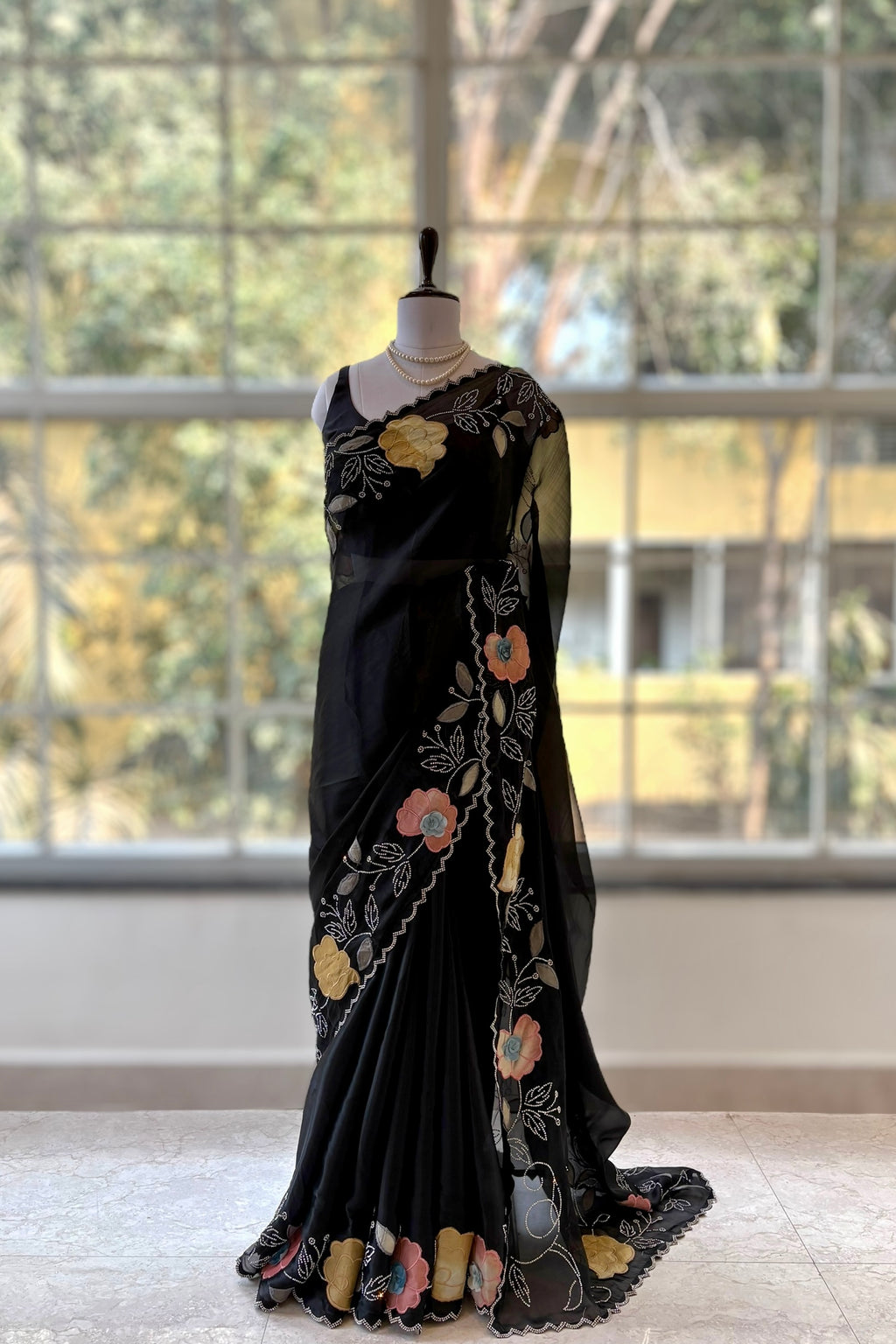 Fendy satin floral stone work saree - Black