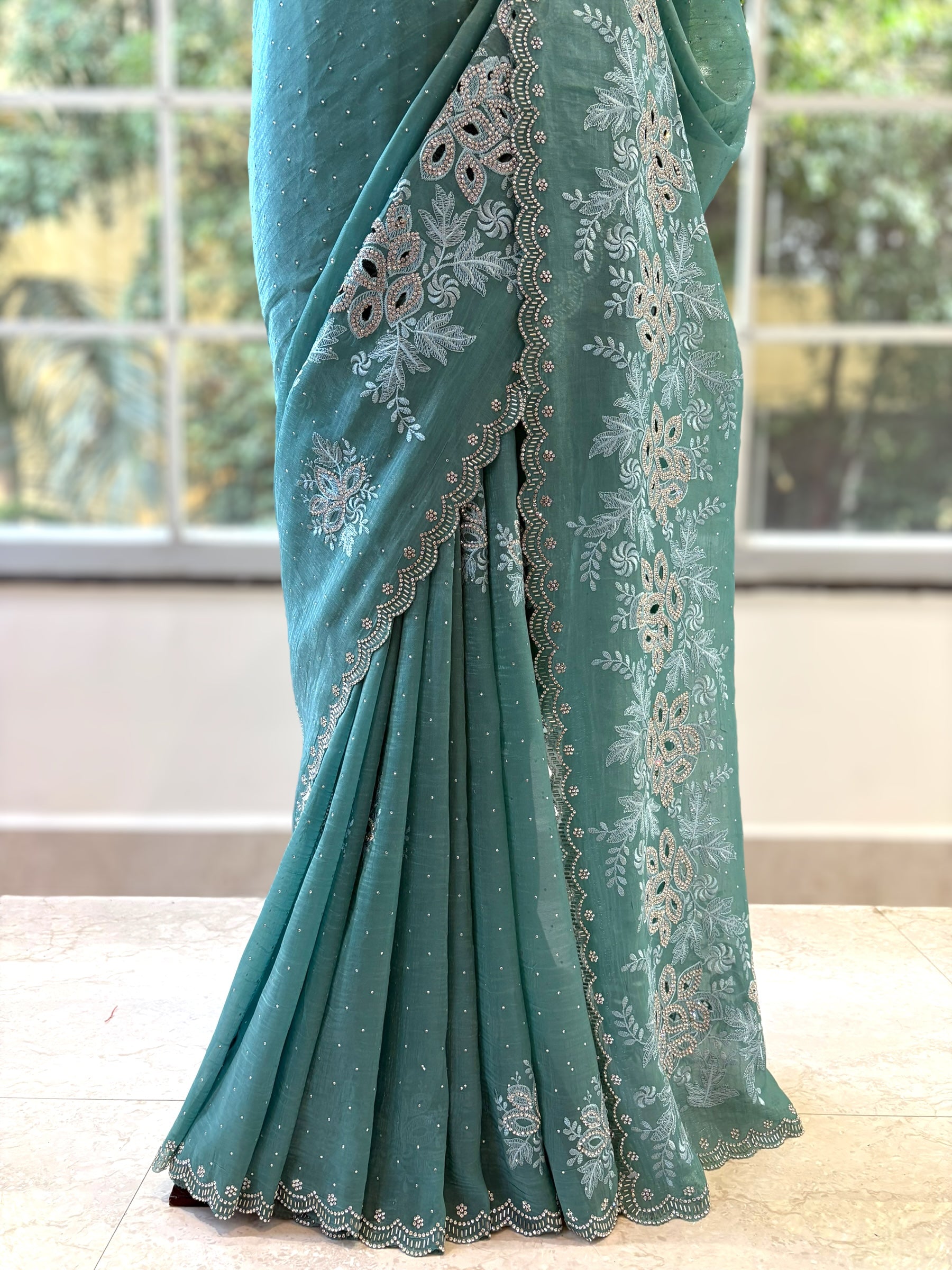Emerald green shimmer chiffon saree