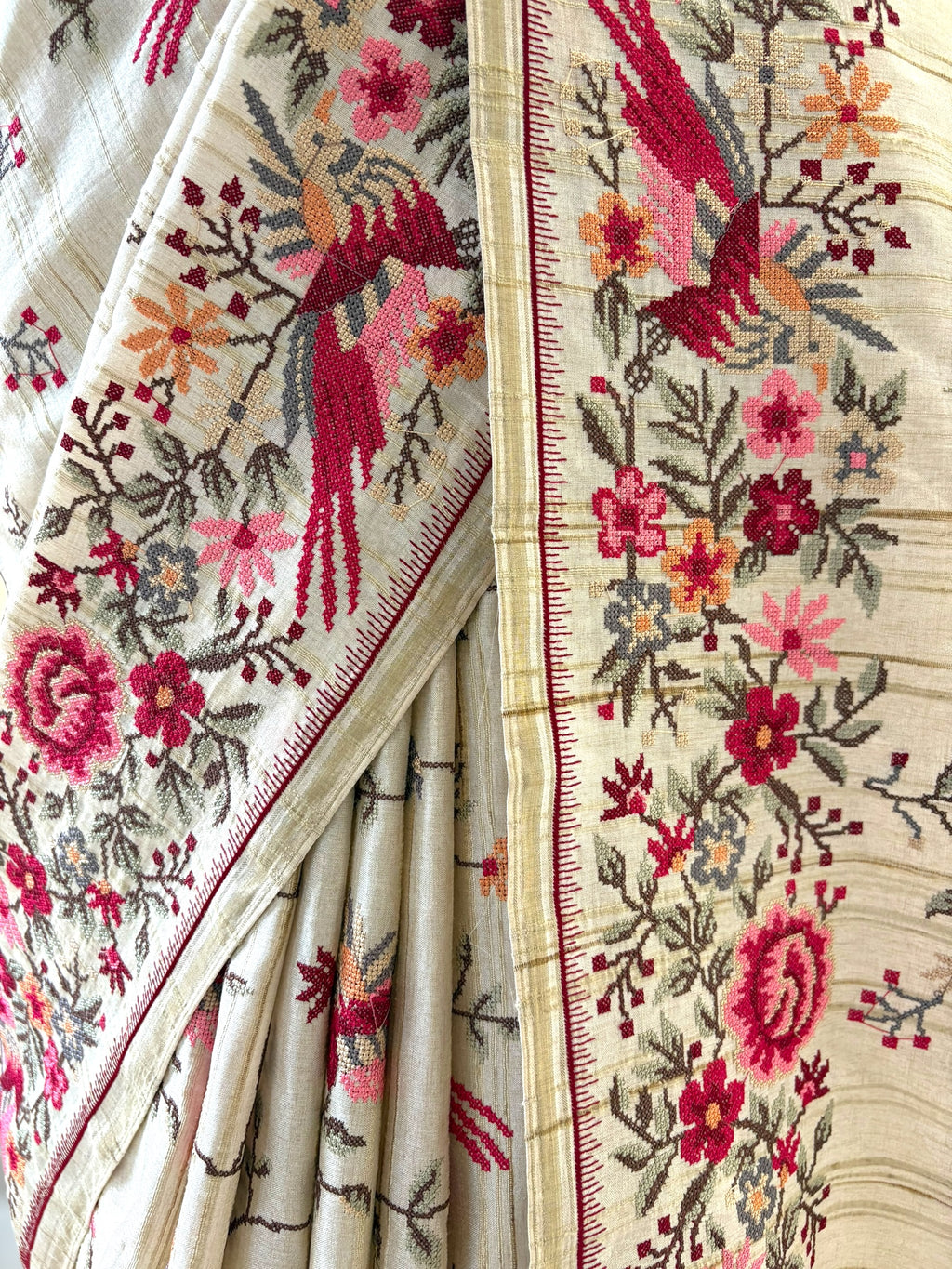 Beige resham threadwork saree