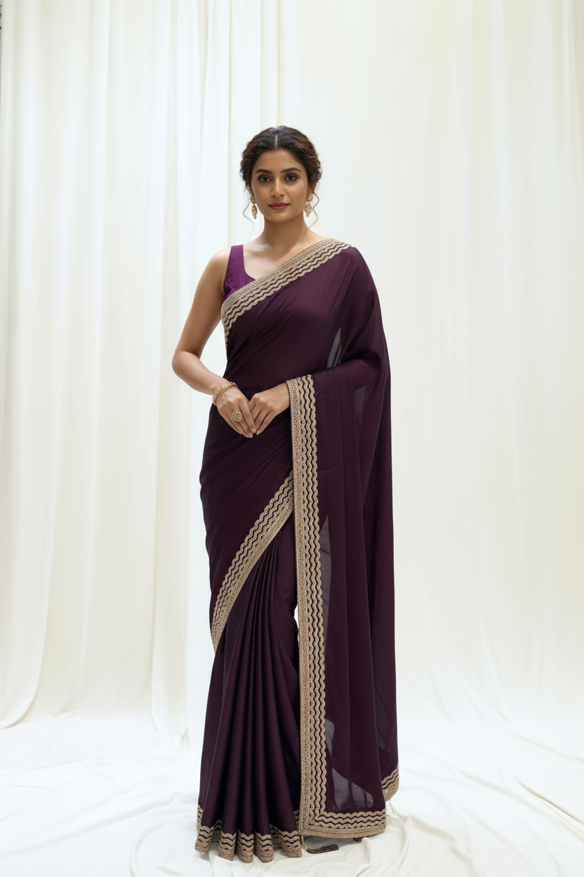 Plain minimalist satin saree - Purple