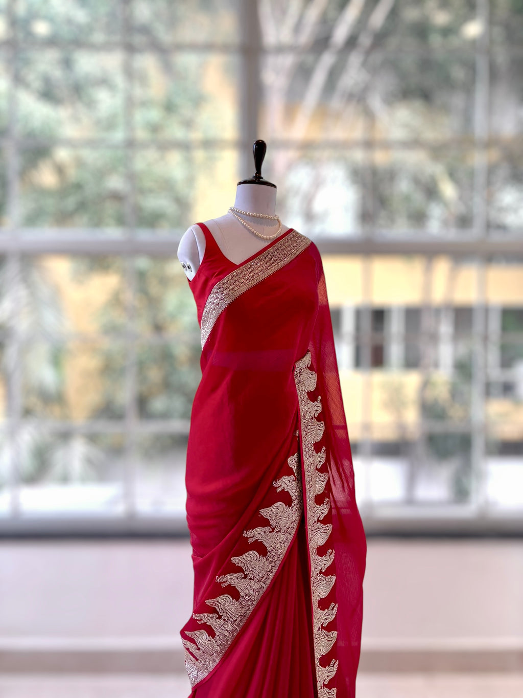 Red embellished fendy satin saree - Figure border