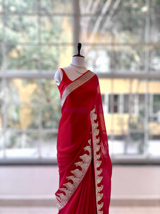 Red embellished fendy satin saree