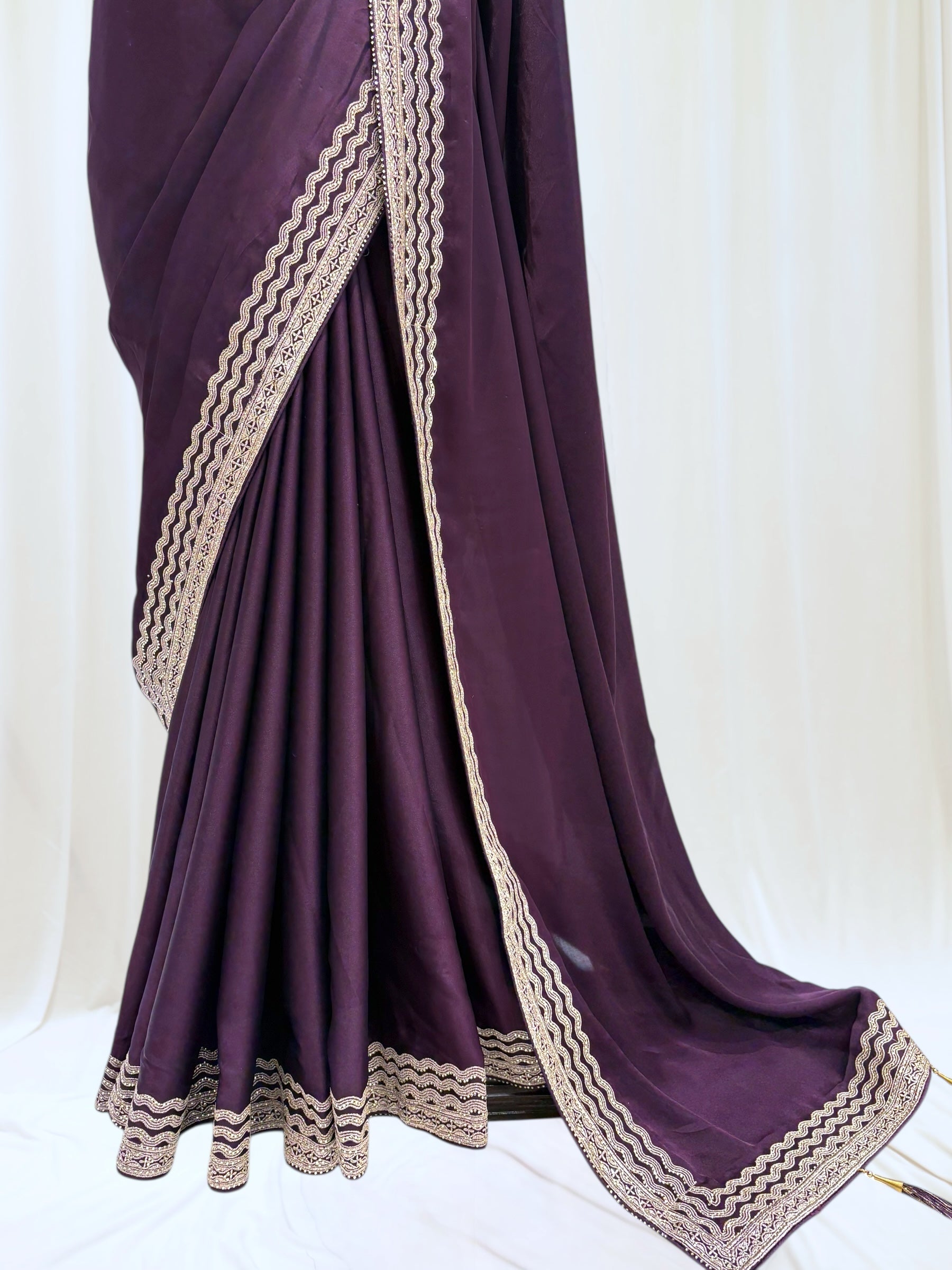 Plain minimalist satin saree - Purple