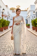 White threadwork embellished scallop saree