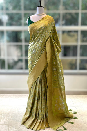 Soft silk zariwork saree - Lime green