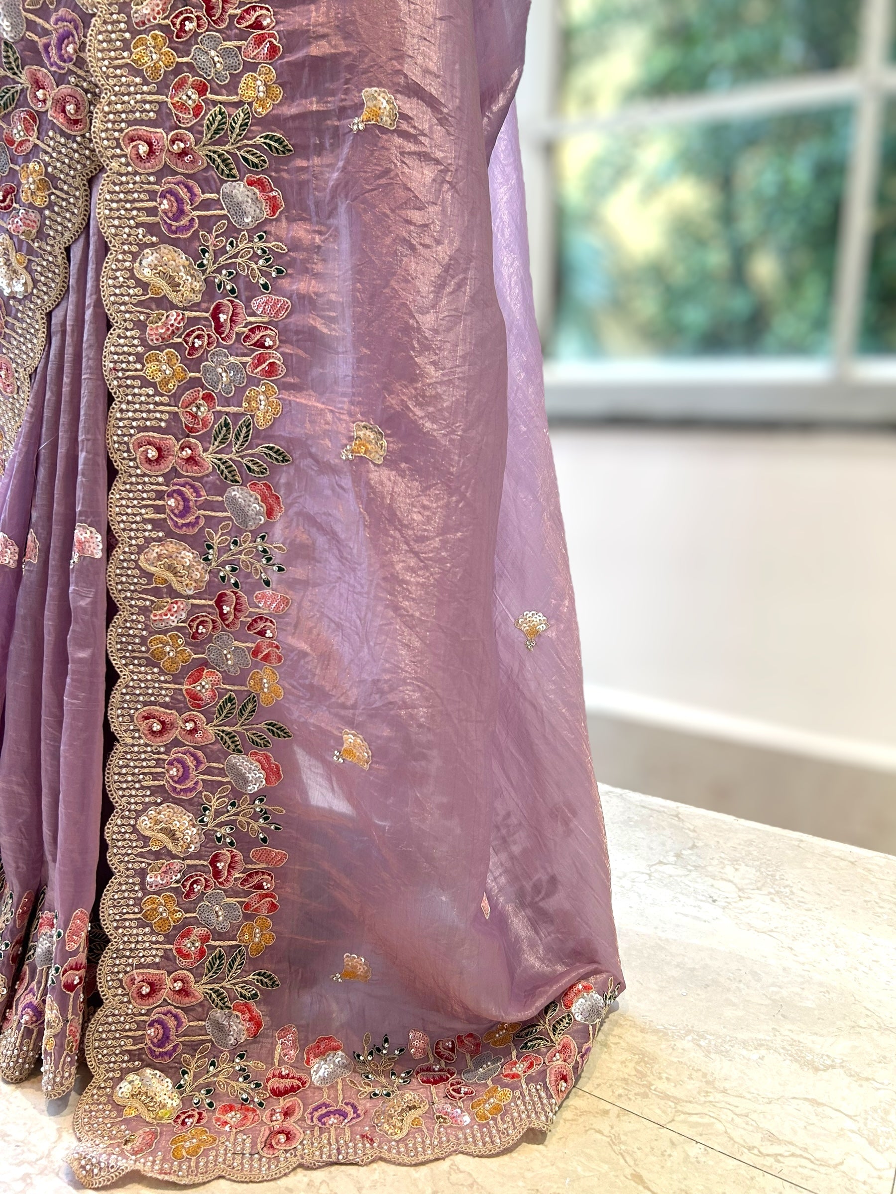 Pearl embroidered organza saree - Lilac