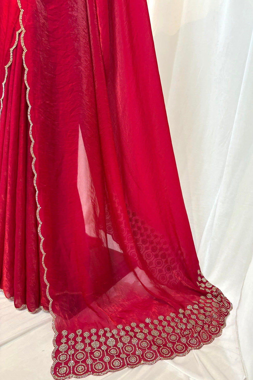 Crimson fendy satin embellished saree
