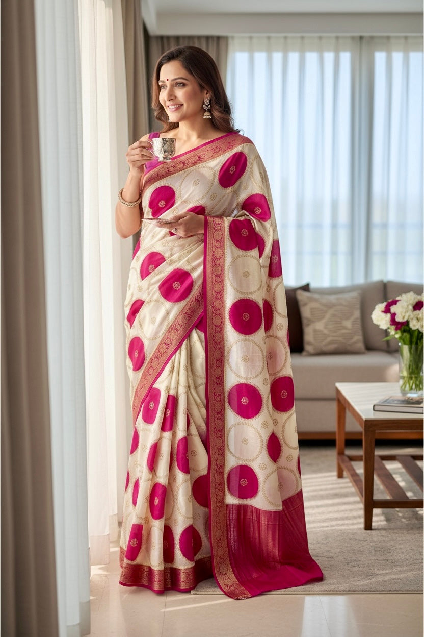 Off White Pure Dola Silk Saree