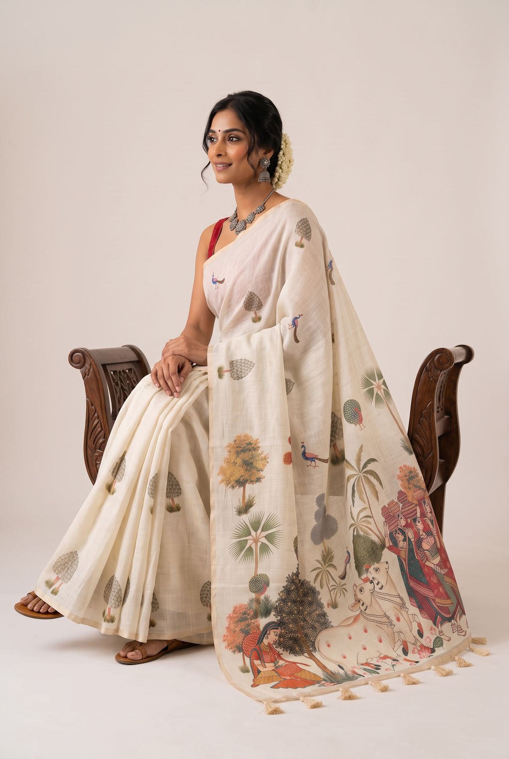 Beige printed soft cotton linen saree