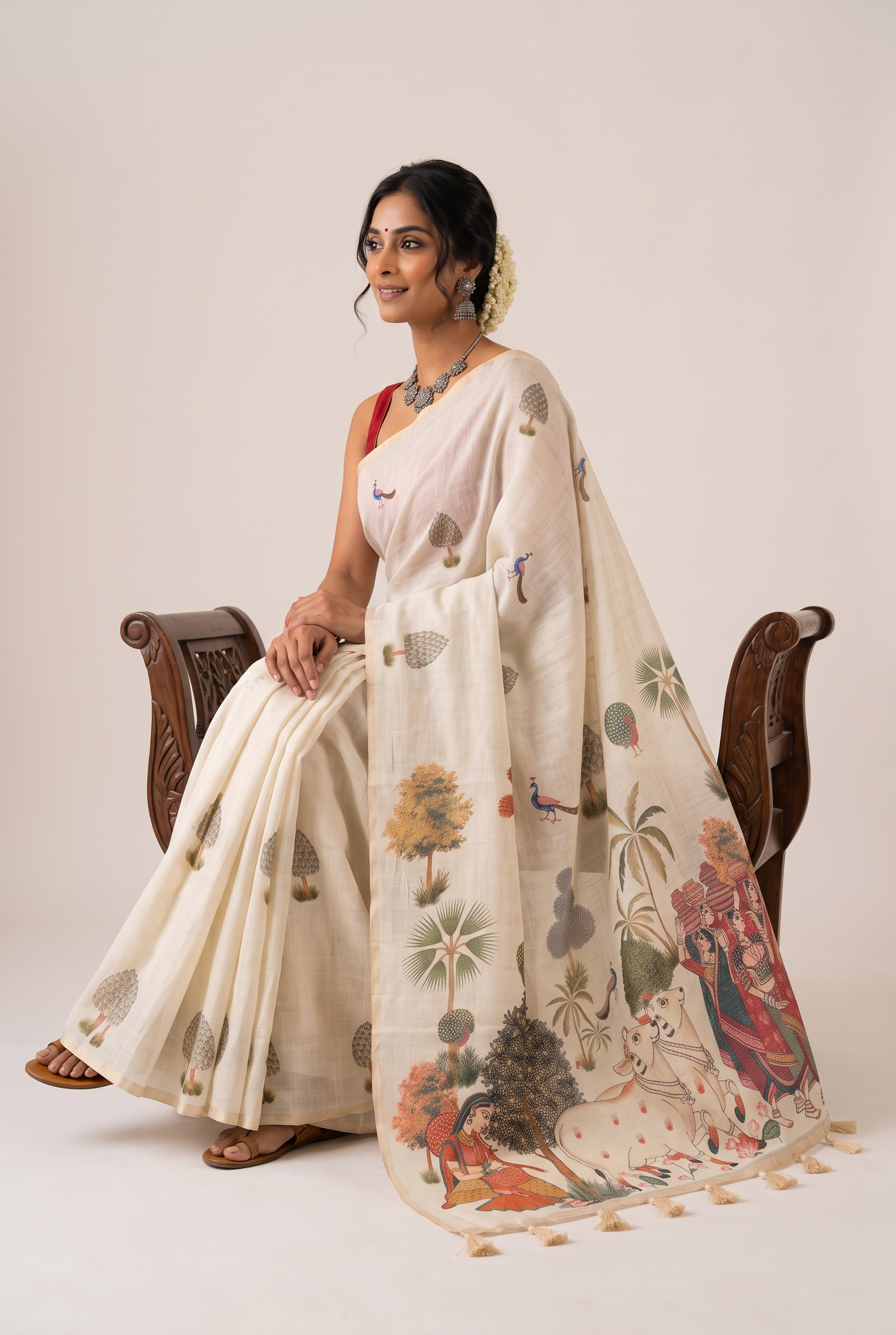 Beige printed soft cotton linen saree