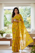 Floral sequins organza saree - Musturd