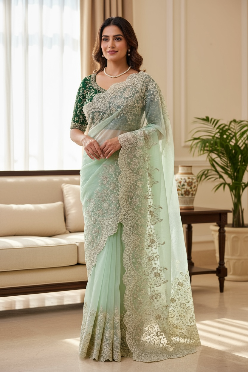 Organza zariwork saree - Green