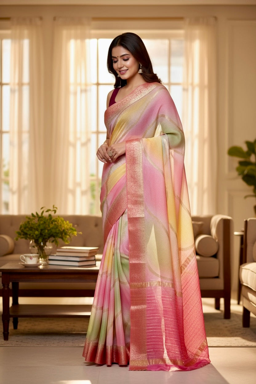 Multicolour Chiffon Threadwork Saree - Pink