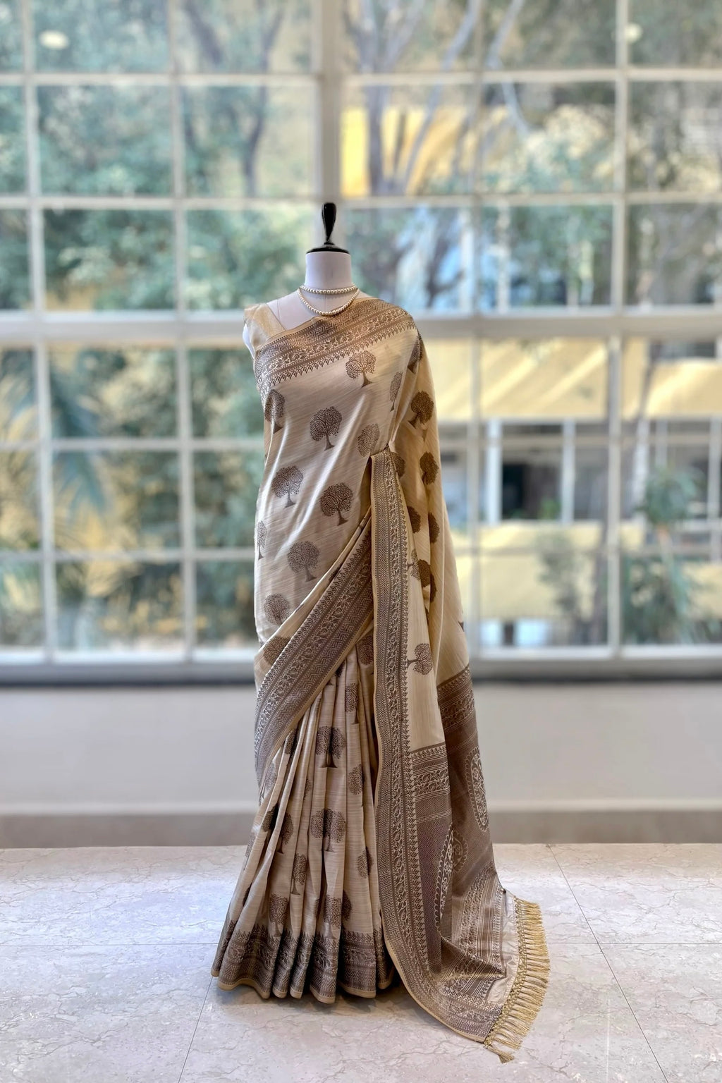 Beige soft silk printed saree