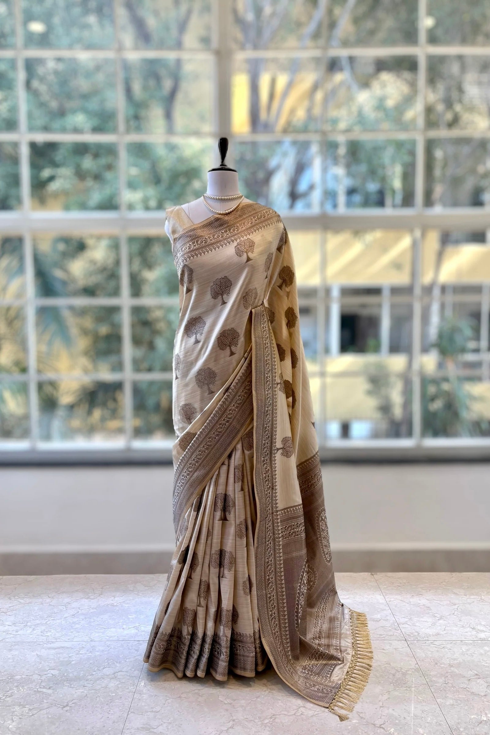 Beige soft silk printed saree