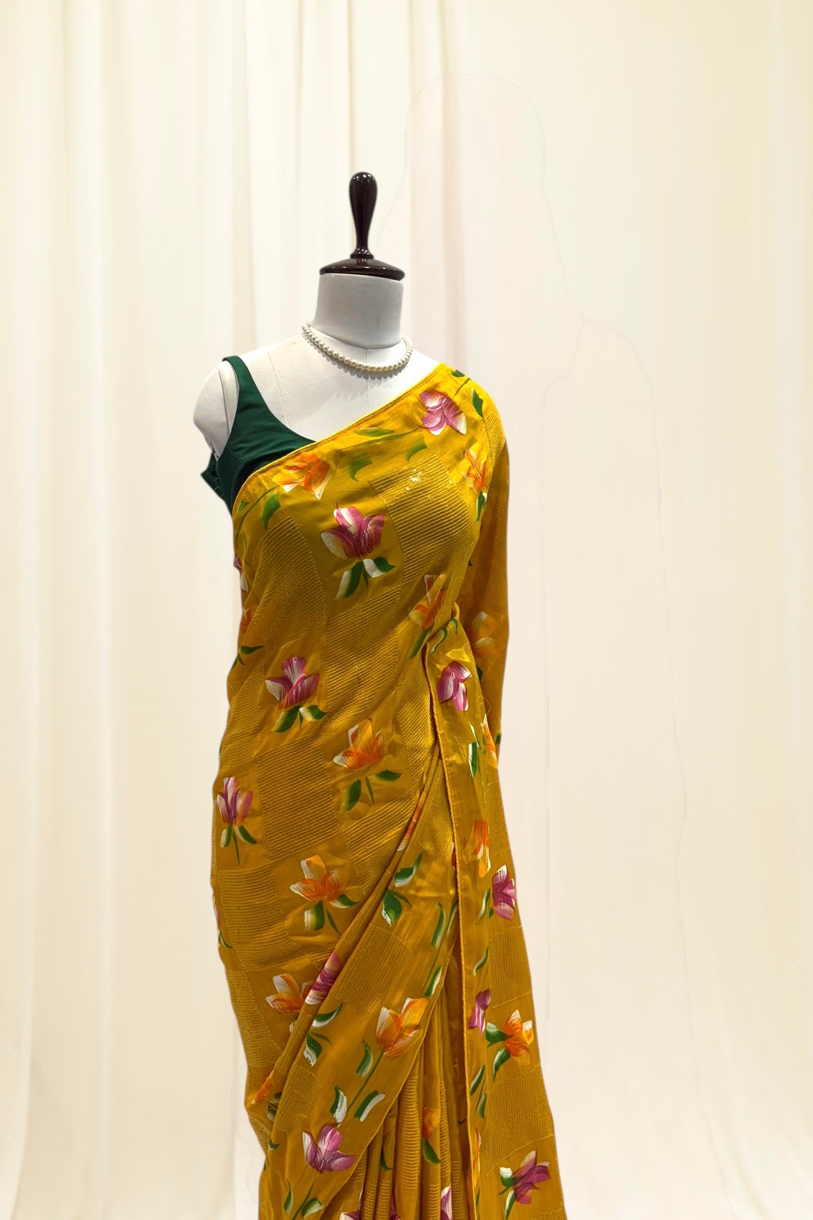 Floral sequins organza saree - Musturd