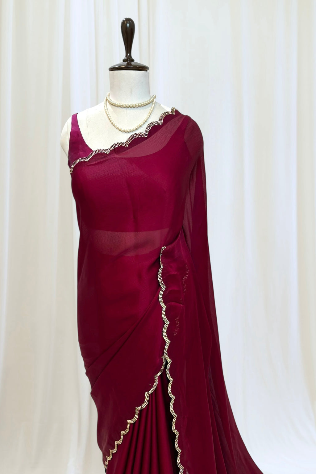 Satin chiffon scallop saree - Wine