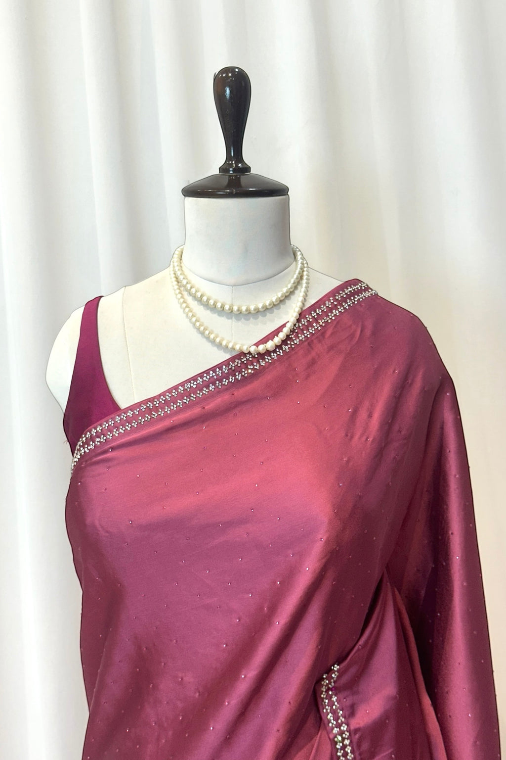 Satin swarovski embellished saree - Wine