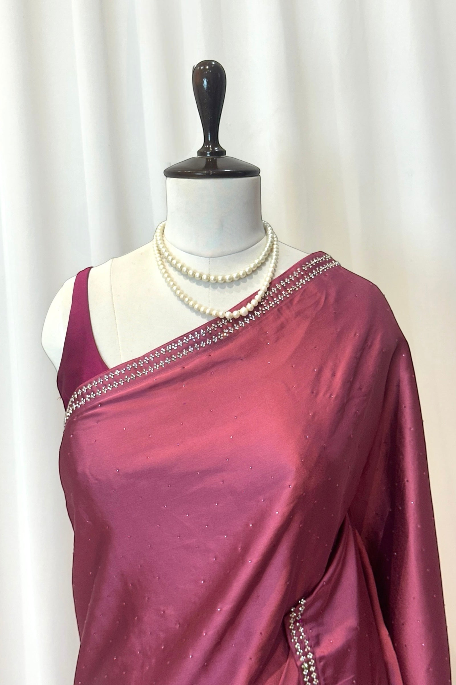 Satin swarovski embellished saree - Wine
