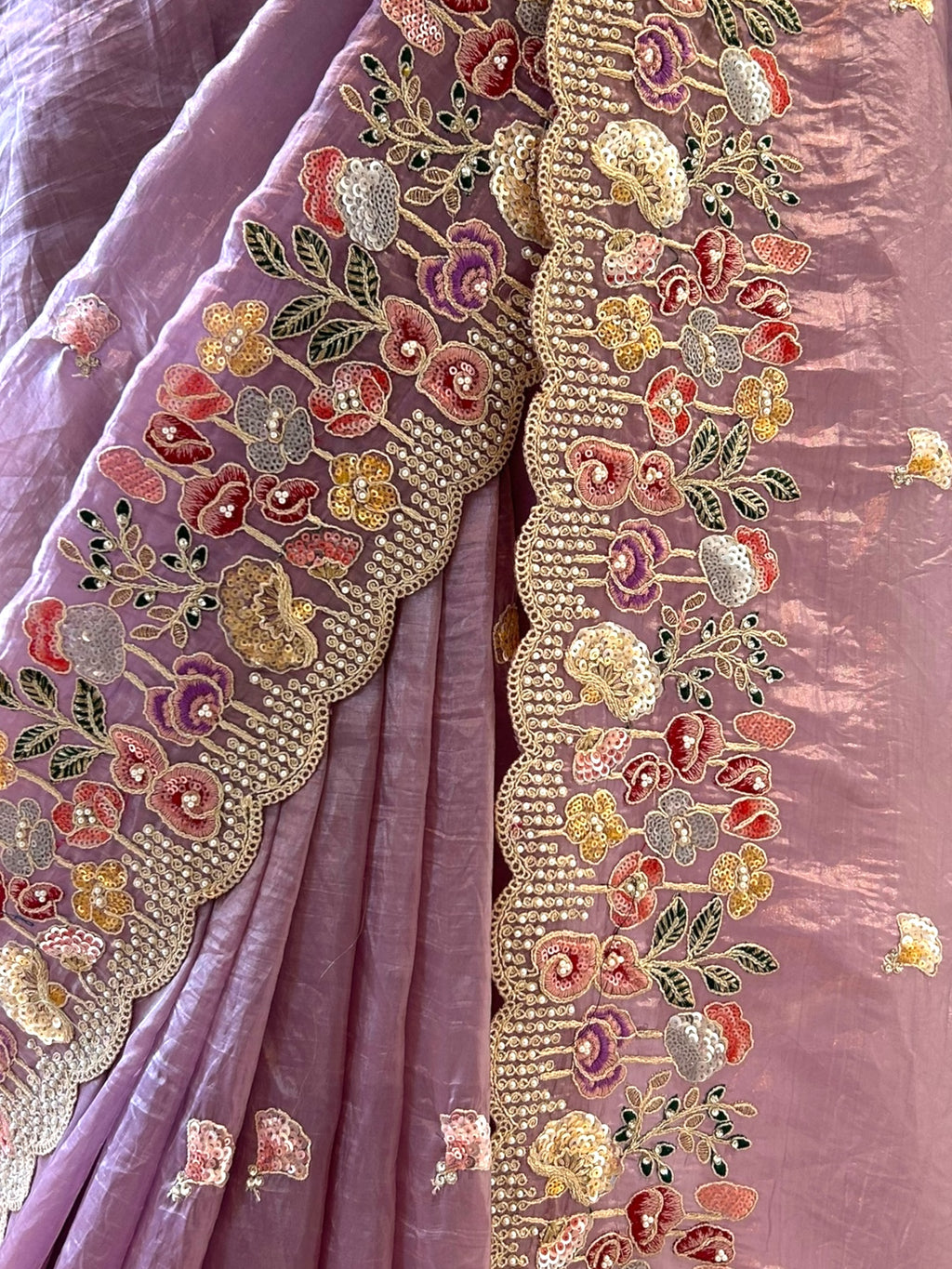 Pearl embroidered organza saree - Lilac