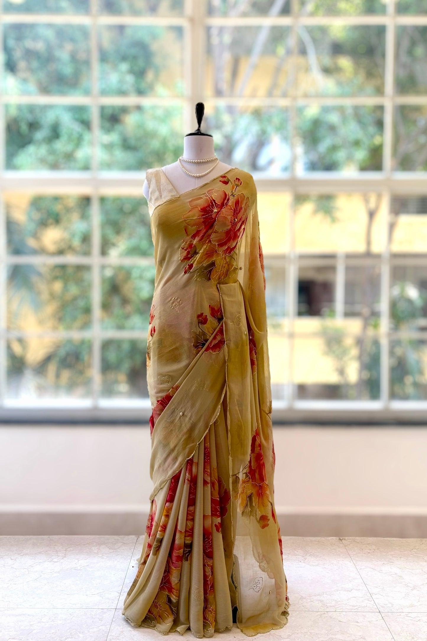 Floral chiffon embellished saree - Golden
