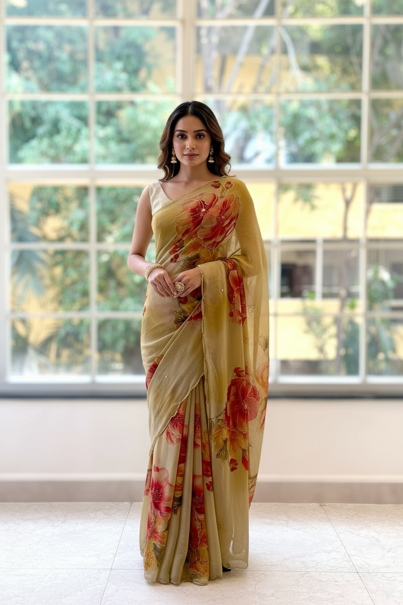 Floral chiffon embellished saree - Golden