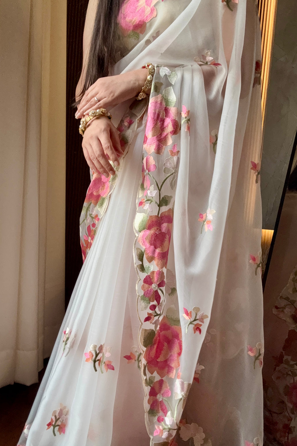White floral resham threadwork saree