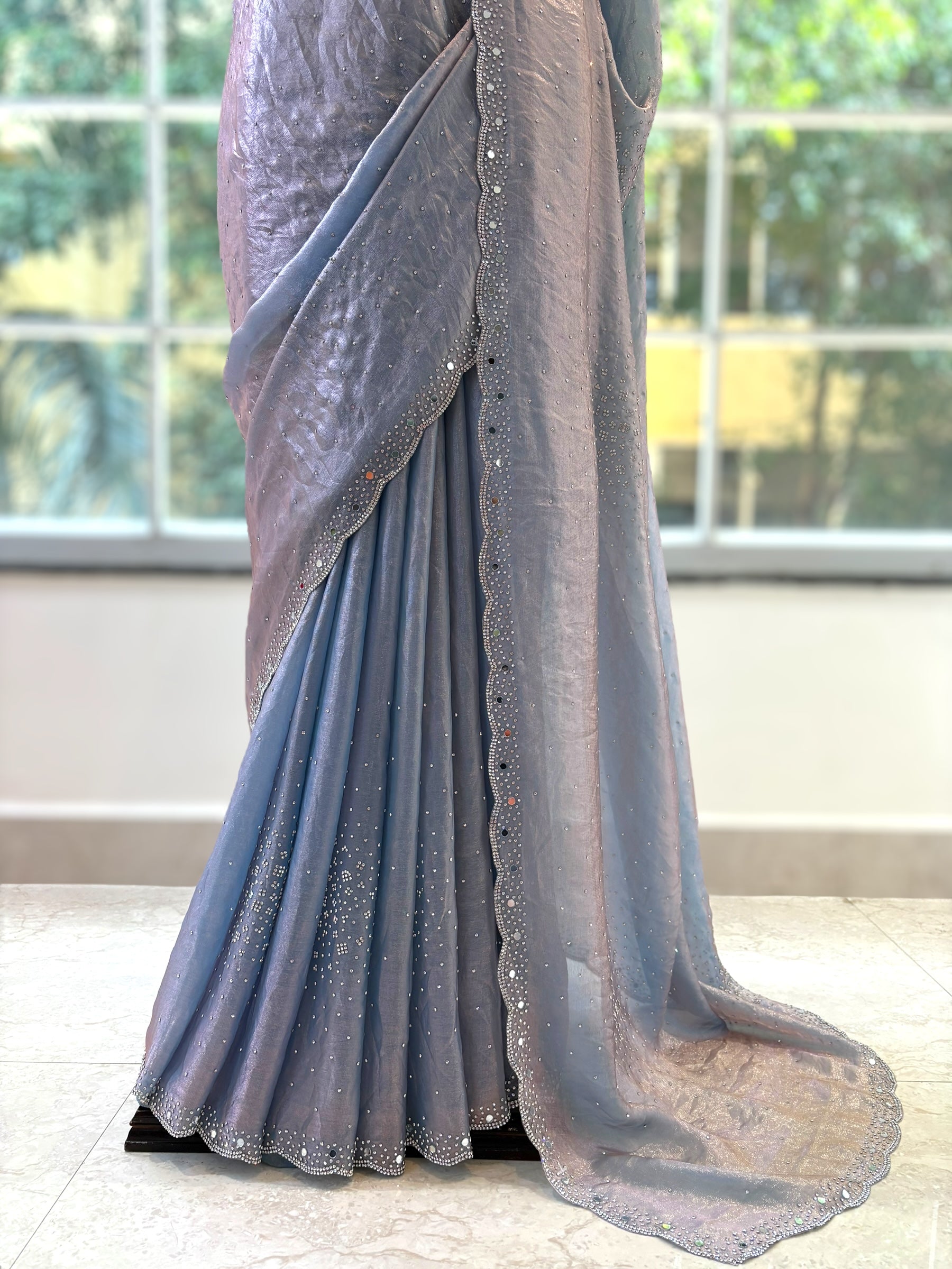Swarovski shimmer satin saree - Grey