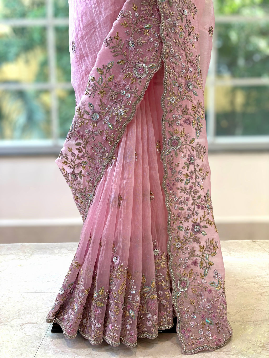 Pink Organza Embellished Saree