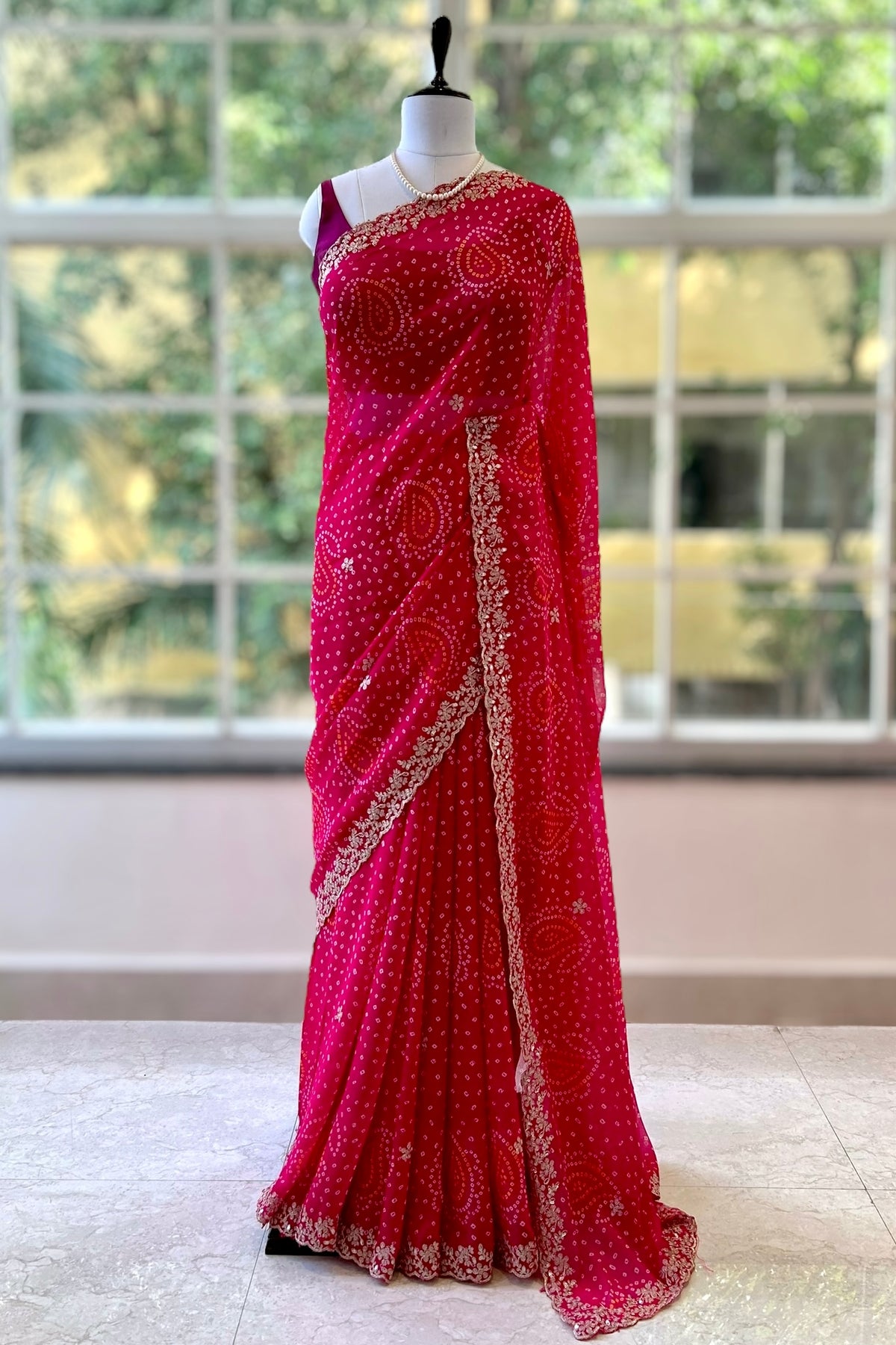 Georgette bandhani saree - Pink