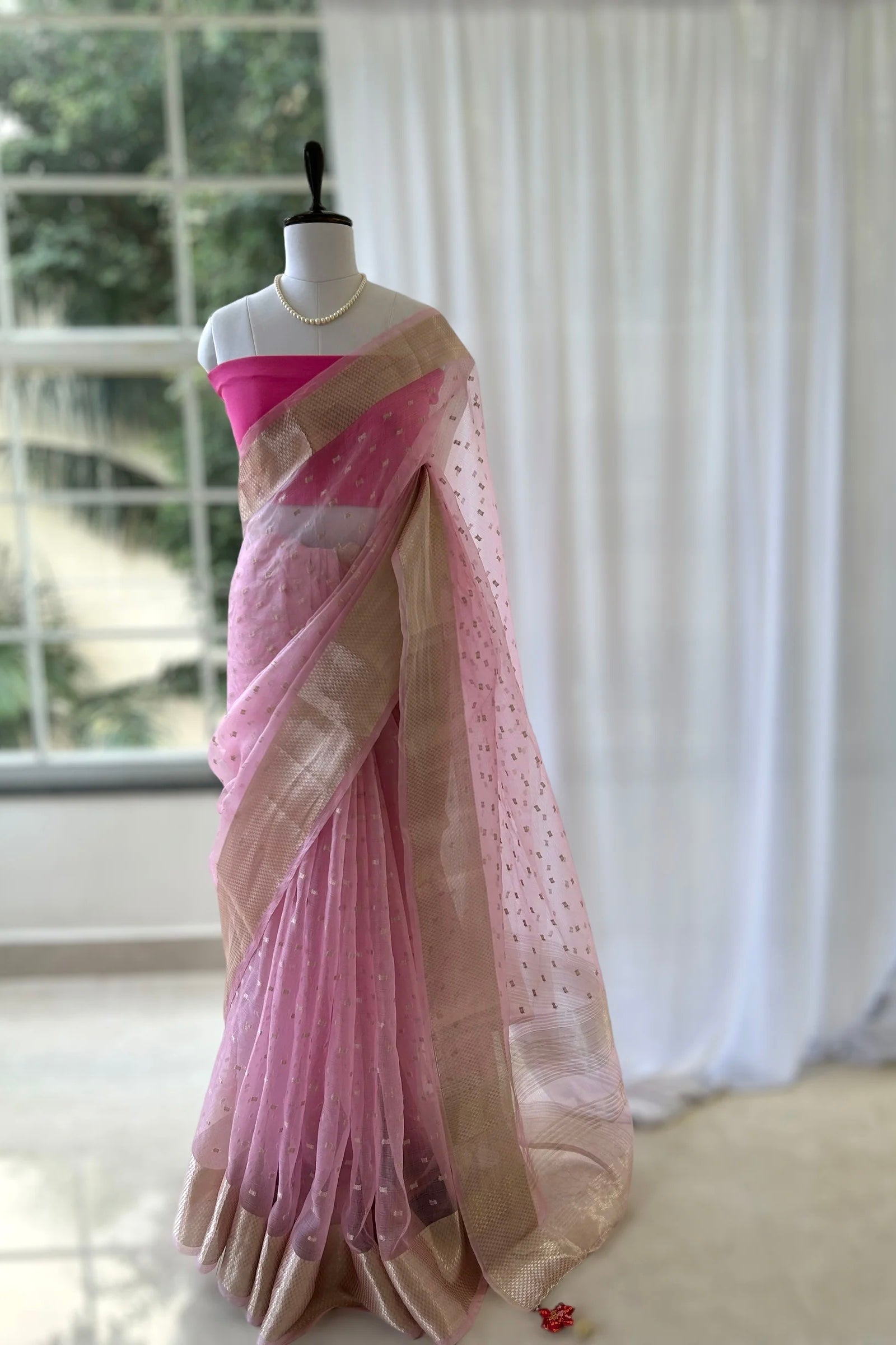 Zari organza saree - Baby pink