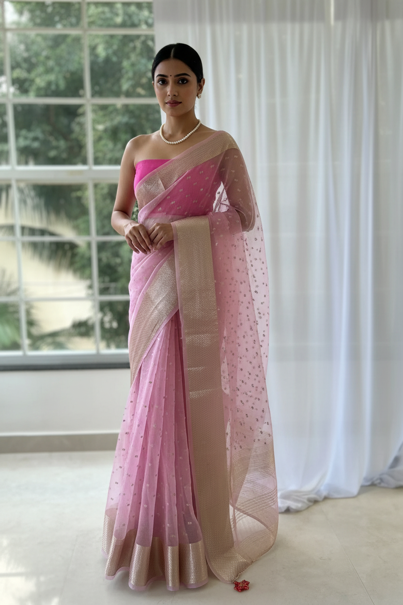 Zari organza saree - Baby pink