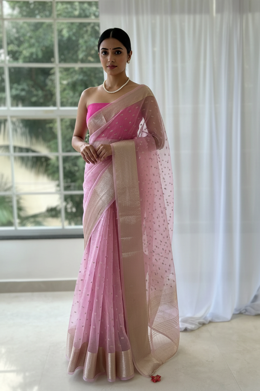 Zari organza saree - Baby pink