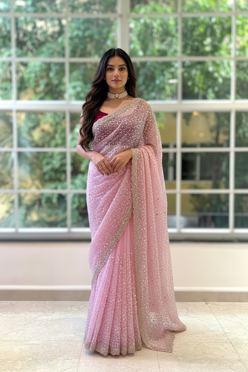 Baby pink imported soft organza saree