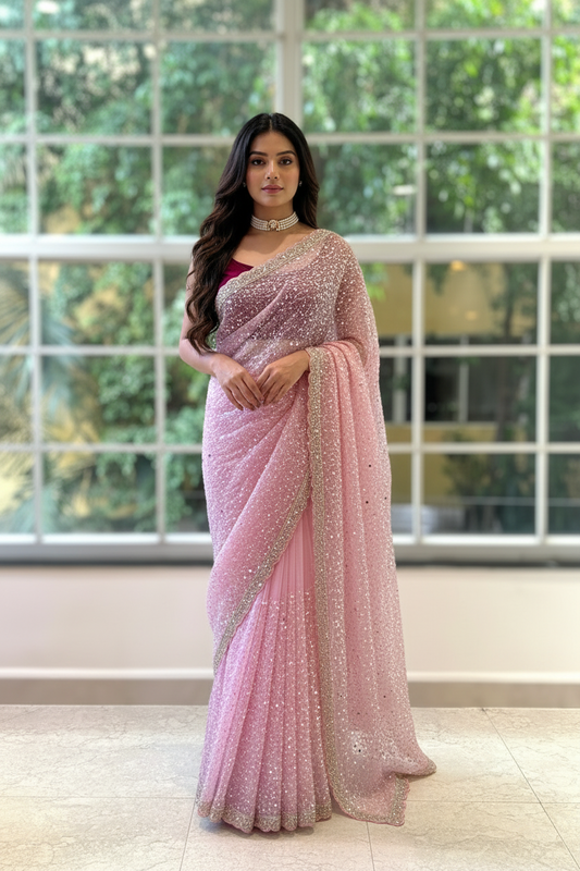 Baby pink imported soft organza saree