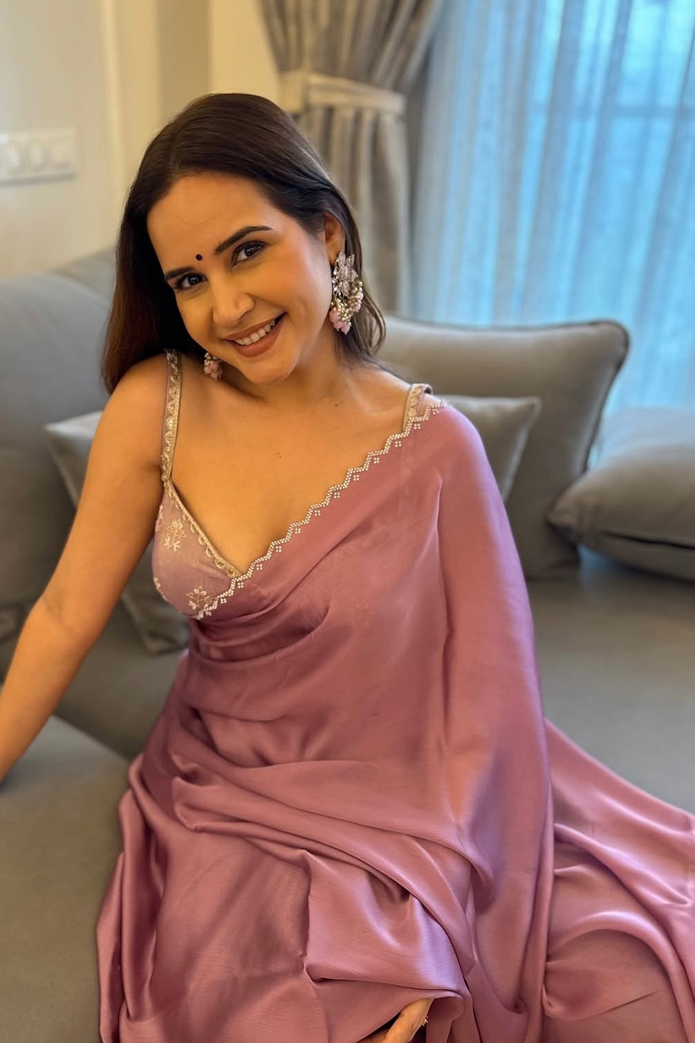 Pink swarovski embellished chiffon saree